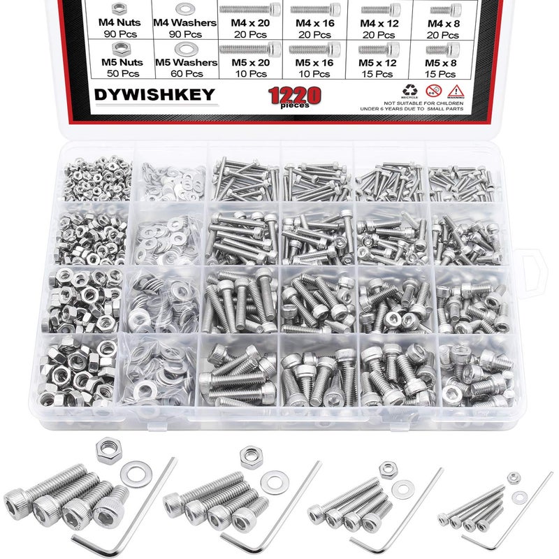 DYWISHKEY 1220 PCS M2 M3 M4 M5, 304 Stainless Steel Hex Socket Head Cap Bolts Screws Nuts Washers Assortment Kit with Hex Wrenches - Image 1